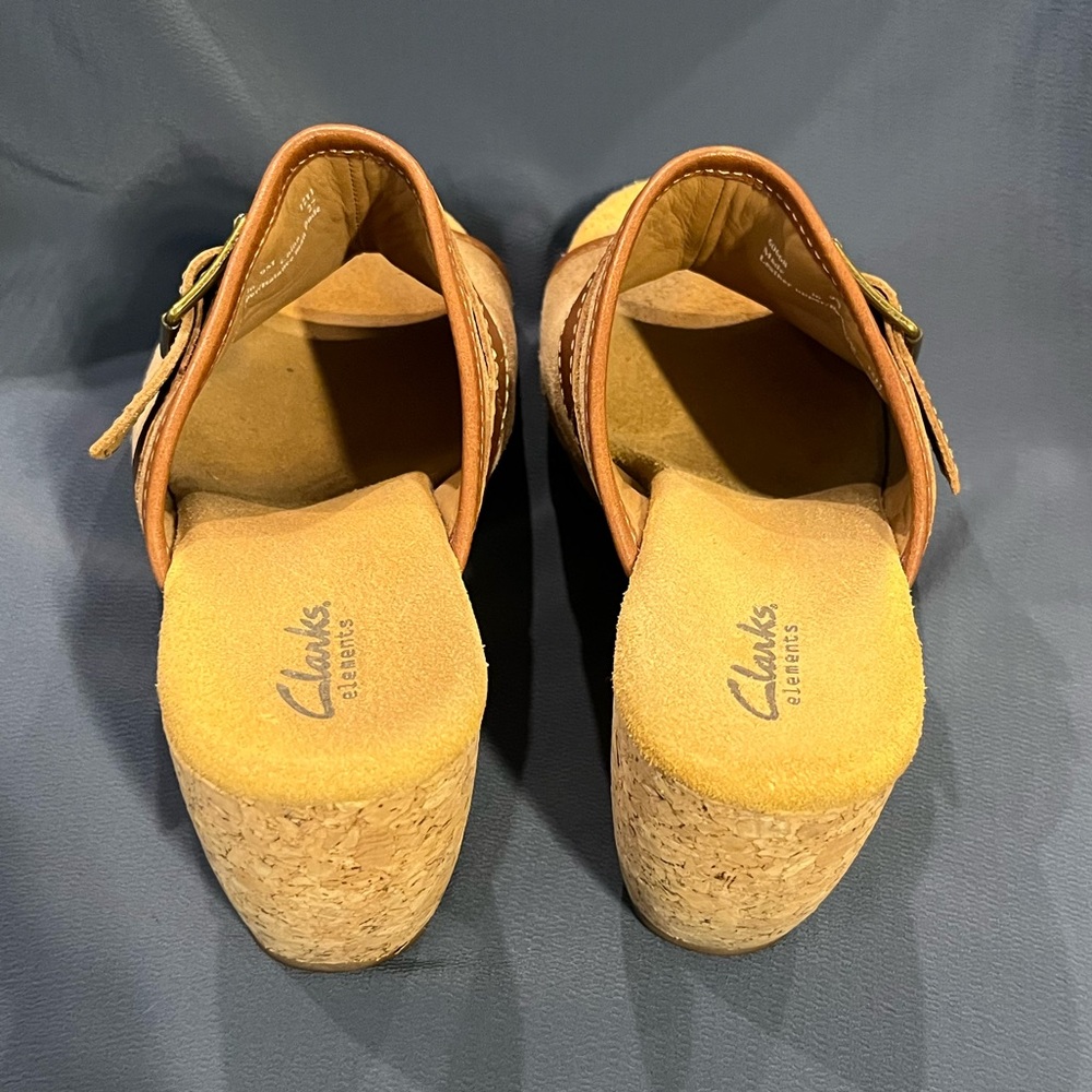 Clarks Elements Harwich Keel Platform Sandals Leather Cork 4” Wedge Brown Suede - Picture 11 of 12